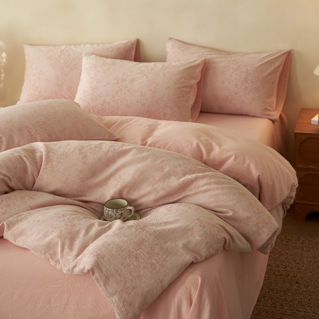 91家纺网 家纺一手货源 找家纺 如一 2026新款色织提花全棉水洗棉四件套第三批 花忆-粉