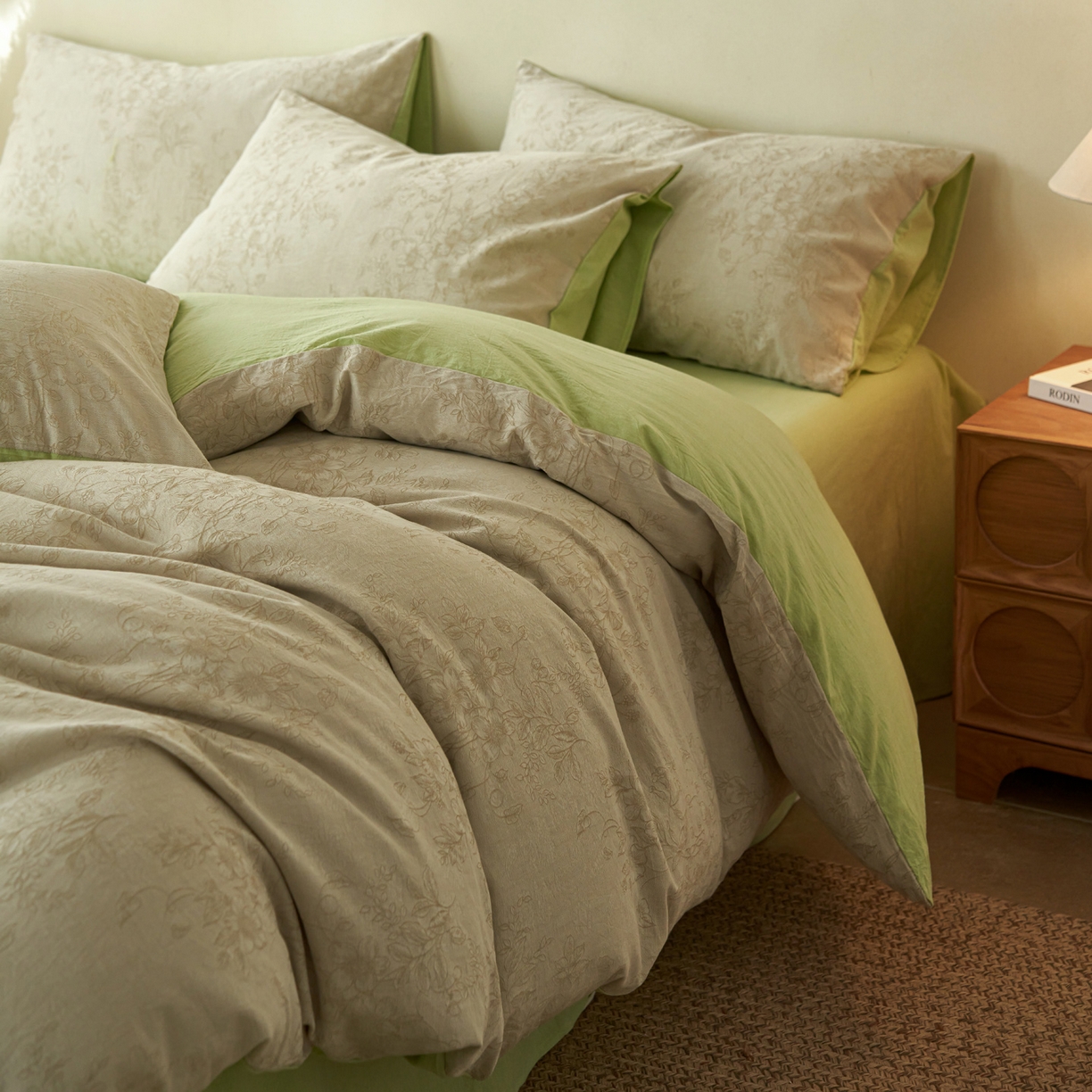 91家纺网 家纺一手货源 找家纺 如一 2026新款色织提花全棉水洗棉四件套第三批 花忆-绿