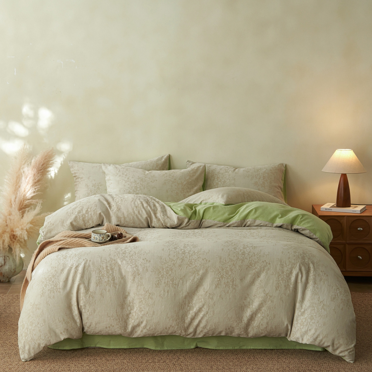 91家纺网 家纺一手货源 找家纺 如一 2026新款色织提花全棉水洗棉四件套第三批 花忆-绿