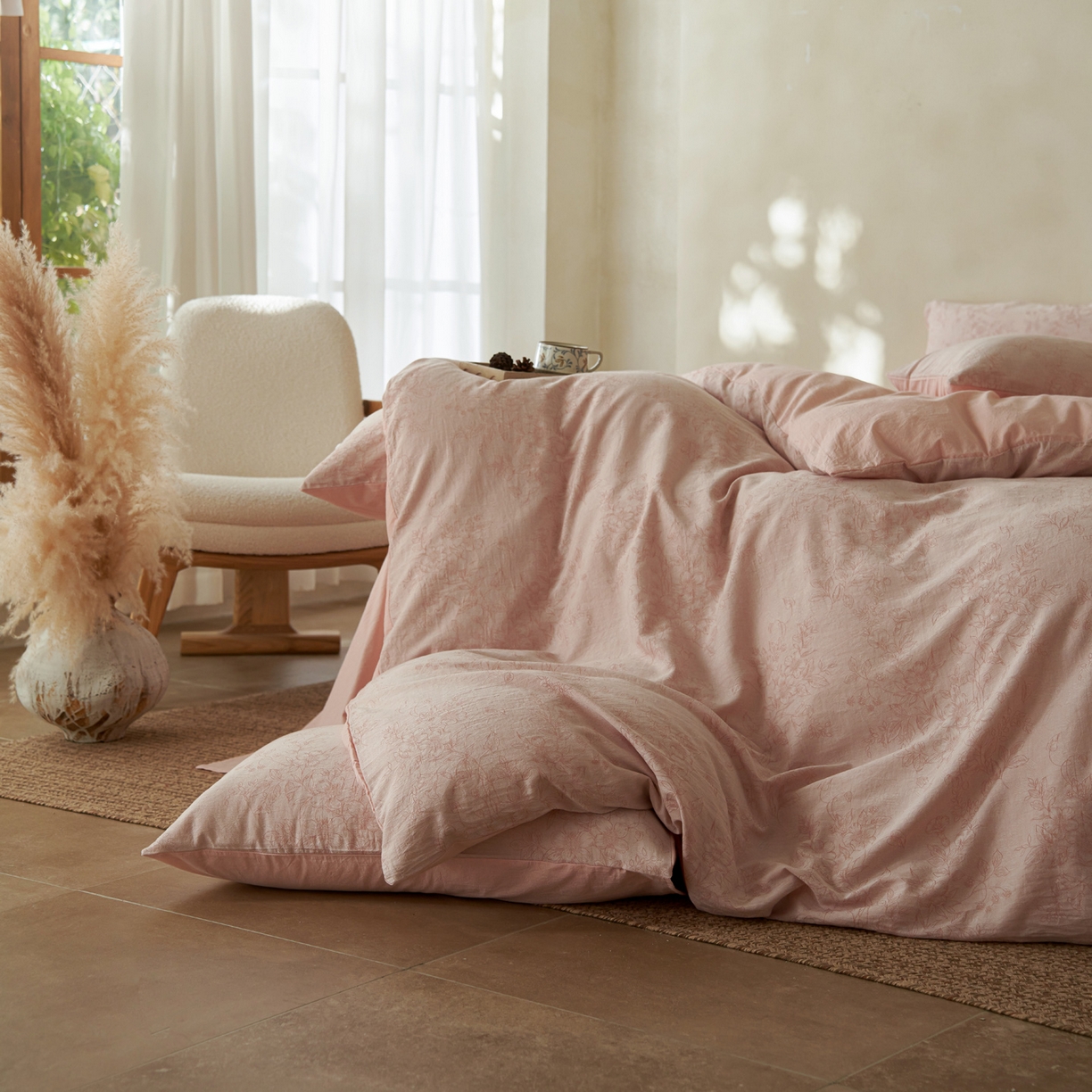 91家纺网 家纺一手货源 找家纺 如一 2026新款色织提花全棉水洗棉四件套第三批 花忆-粉