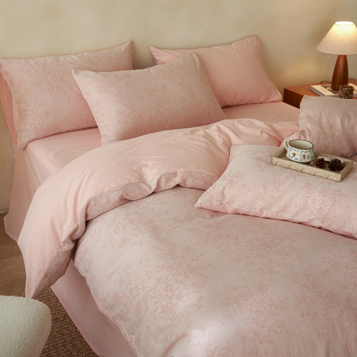 91家纺网 家纺一手货源 找家纺 如一 2026新款色织提花全棉水洗棉四件套第三批 花忆-粉