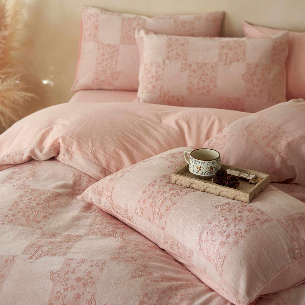 91家纺网 家纺一手货源 找家纺 如一 2026新款色织提花全棉水洗棉四件套第三批 蝶漫-粉