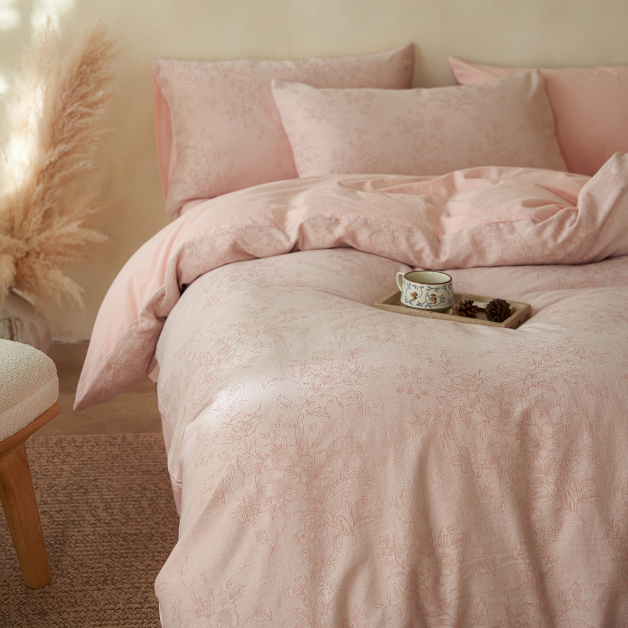 如一 2026新款色织提花全棉水洗棉四件套第三批 花忆-粉