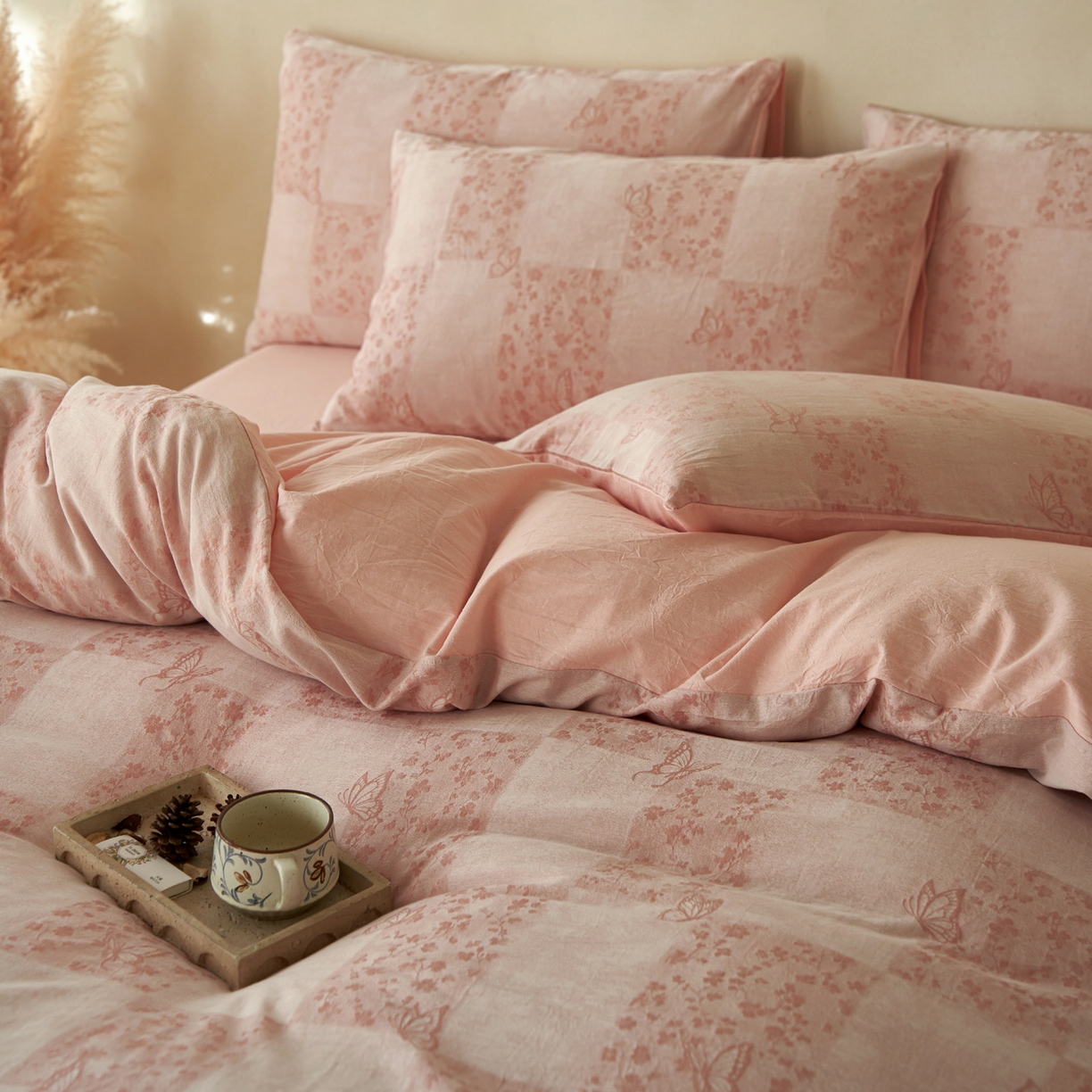 91家纺网 家纺一手货源 找家纺 如一 2026新款色织提花全棉水洗棉四件套第三批 蝶漫-粉