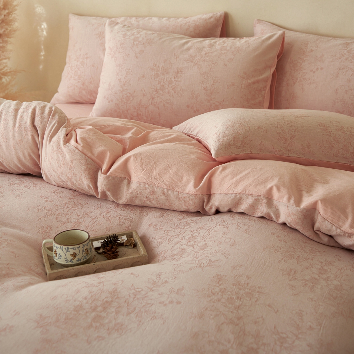 91家纺网 家纺一手货源 找家纺 如一 2026新款色织提花全棉水洗棉四件套第三批 花忆-粉