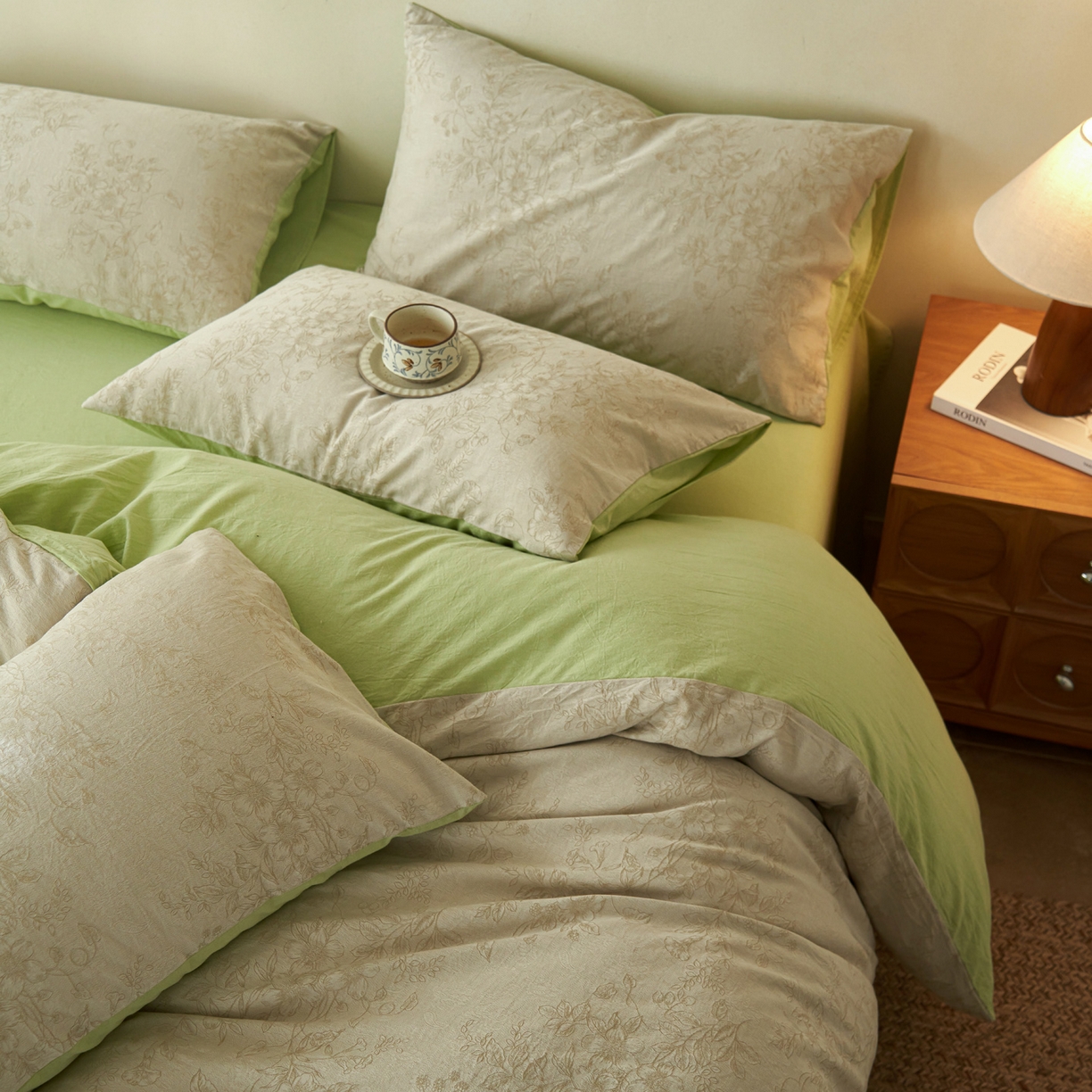 91家纺网 家纺一手货源 找家纺 如一 2026新款色织提花全棉水洗棉四件套第三批 花忆-绿