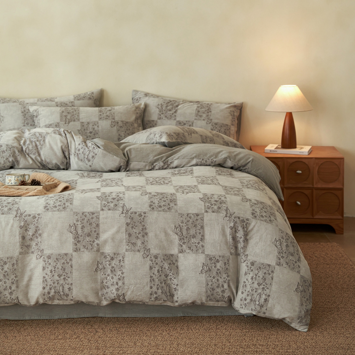 91家纺网 家纺一手货源 找家纺 如一 2026新款色织提花全棉水洗棉四件套第三批 蝶漫-灰