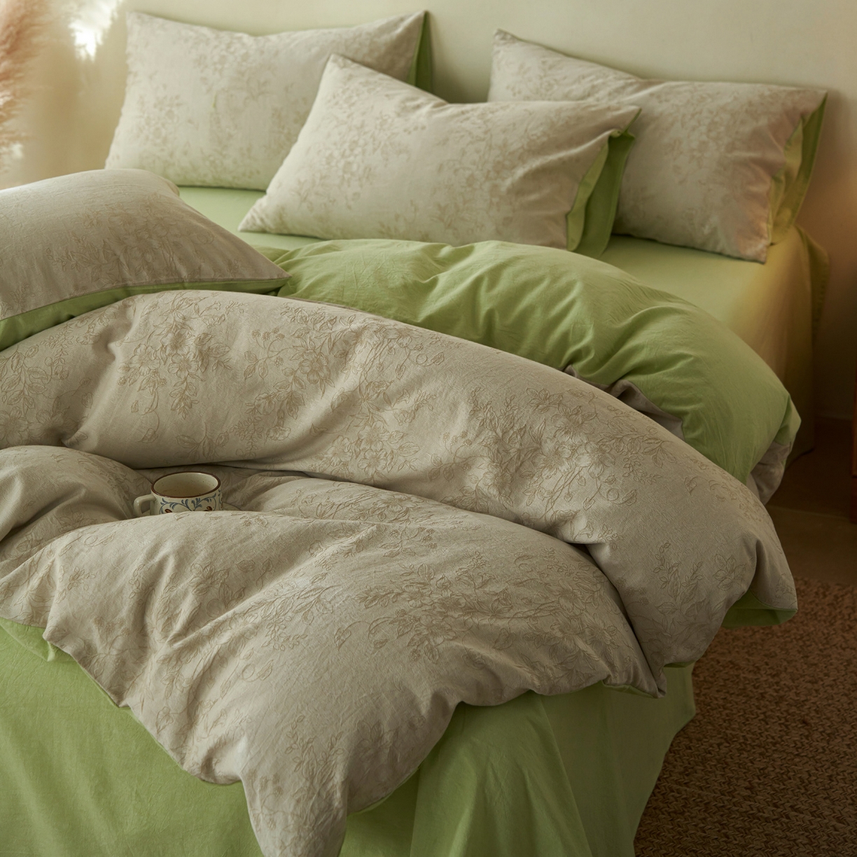 91家纺网 家纺一手货源 找家纺 如一 2026新款色织提花全棉水洗棉四件套第三批 花忆-绿