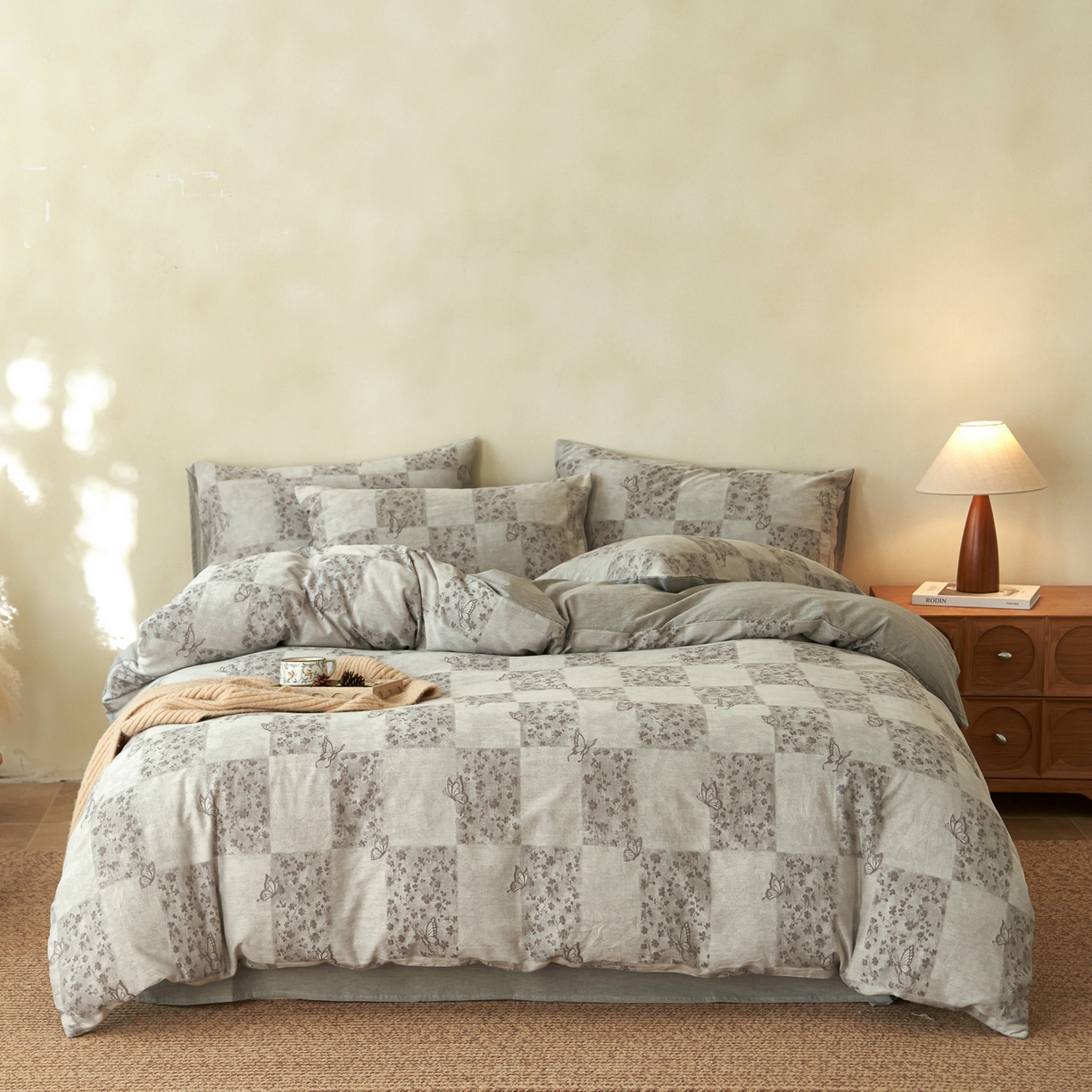 91家纺网 家纺一手货源 找家纺 如一 2026新款色织提花全棉水洗棉四件套第三批 蝶漫-灰