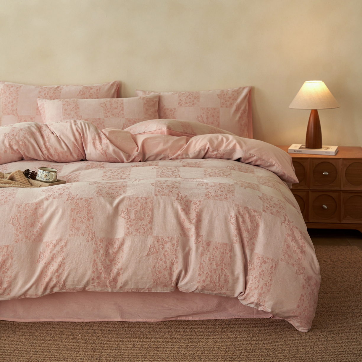 91家纺网 家纺一手货源 找家纺 如一 2026新款色织提花全棉水洗棉四件套第三批 蝶漫-粉