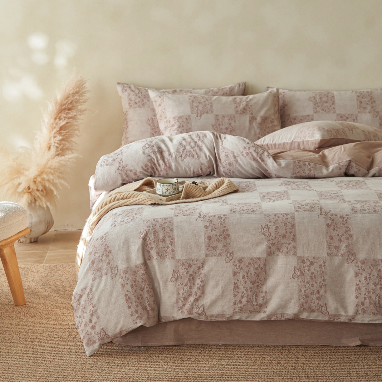 91家纺网 家纺一手货源 找家纺 如一 2026新款色织提花全棉水洗棉四件套第三批 蝶漫-咖