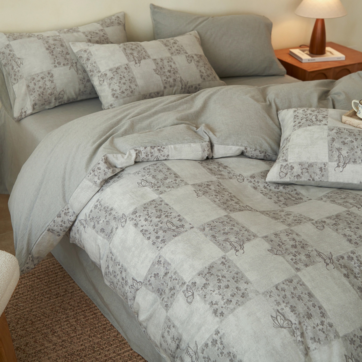 91家纺网 家纺一手货源 找家纺 如一 2026新款色织提花全棉水洗棉四件套第三批 蝶漫-灰