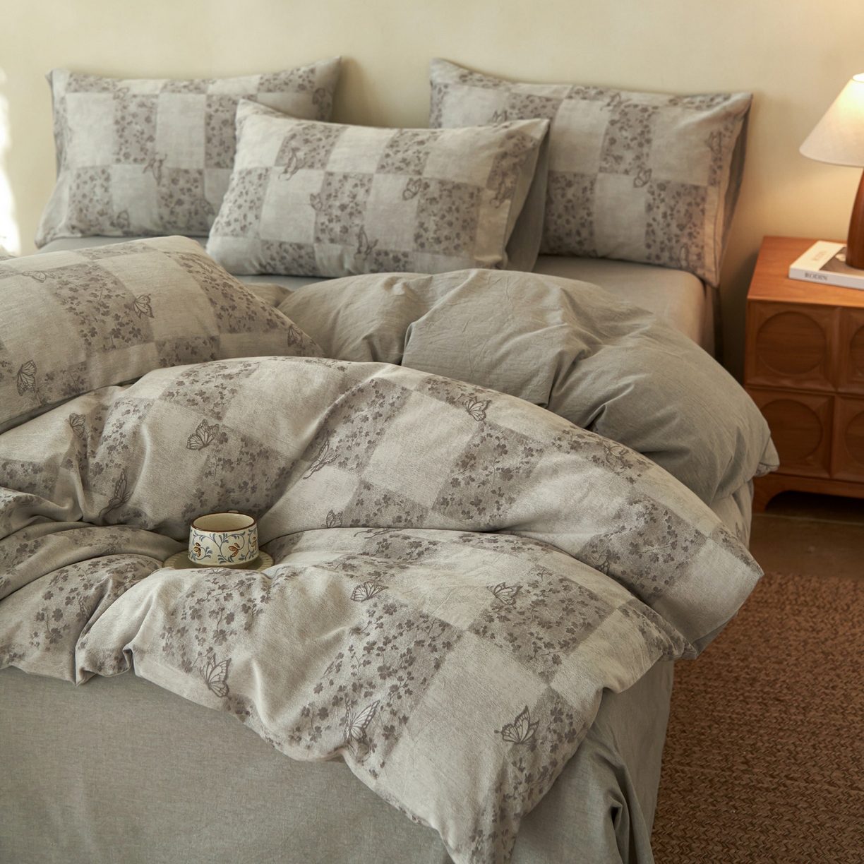 91家纺网 家纺一手货源 找家纺 如一 2026新款色织提花全棉水洗棉四件套第三批 蝶漫-灰