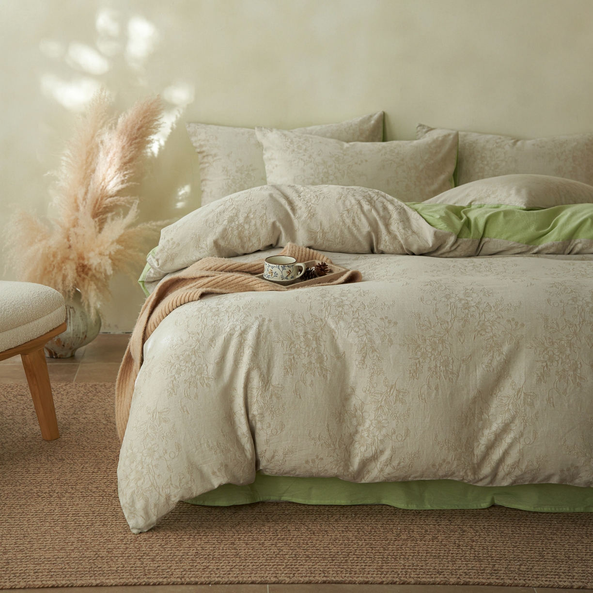 91家纺网 家纺一手货源 找家纺 如一 2026新款色织提花全棉水洗棉四件套第三批 花忆-绿