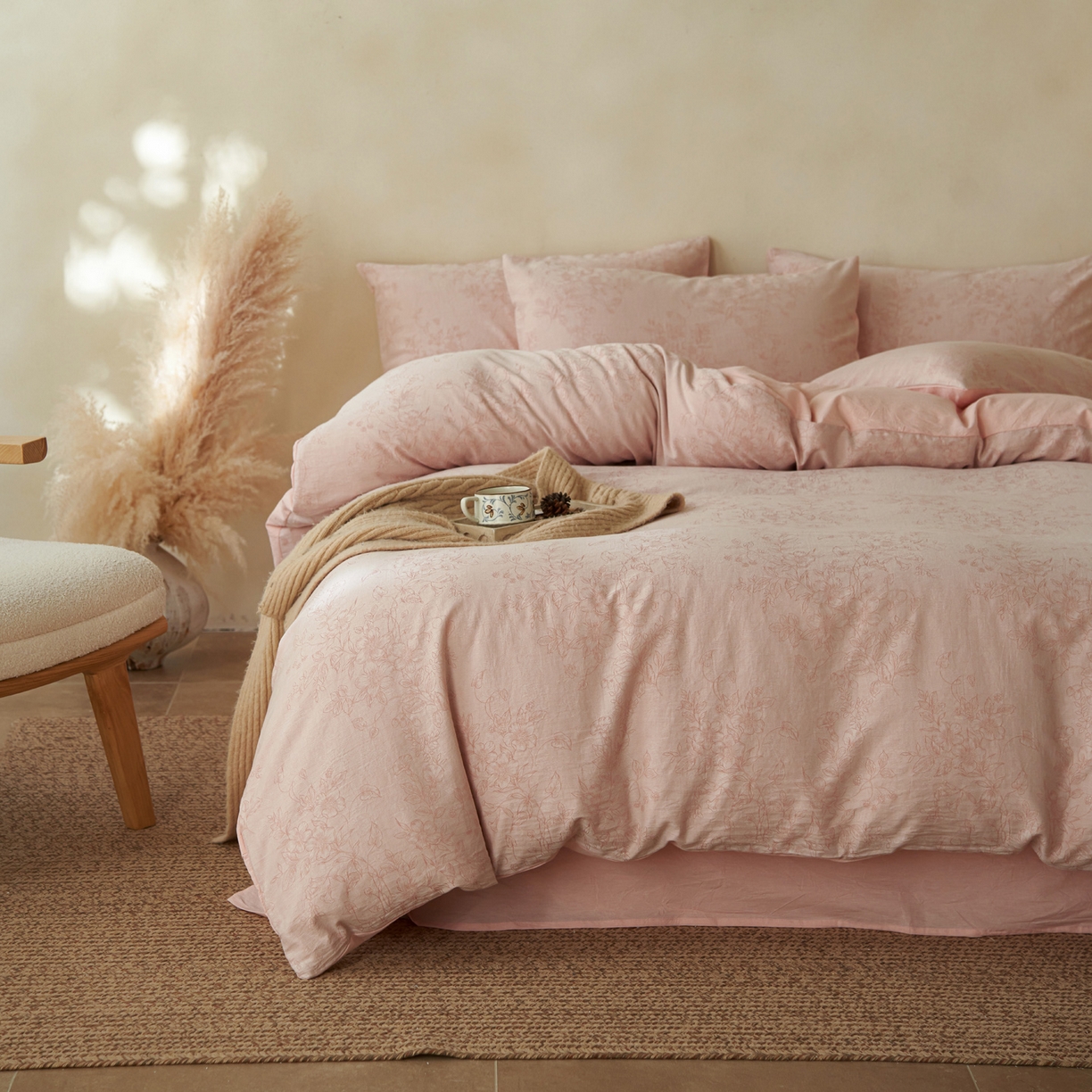 91家纺网 家纺一手货源 找家纺 如一 2026新款色织提花全棉水洗棉四件套第三批 花忆-粉