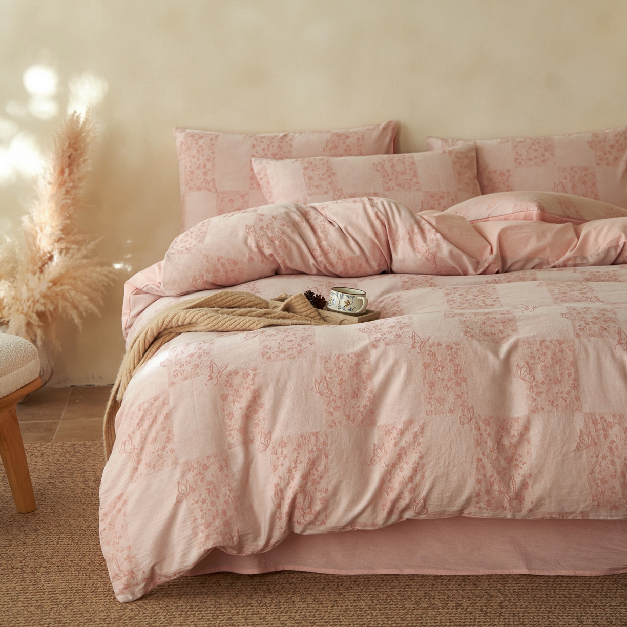 91家纺网 家纺一手货源 找家纺 如一 2026新款色织提花全棉水洗棉四件套第三批 蝶漫-粉