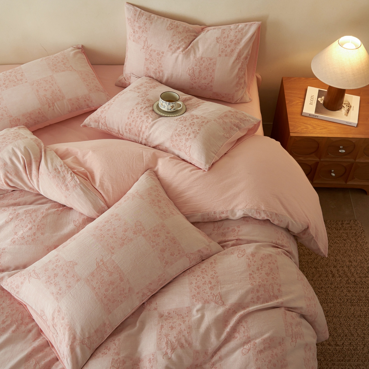 91家纺网 家纺一手货源 找家纺 如一 2026新款色织提花全棉水洗棉四件套第三批 蝶漫-粉