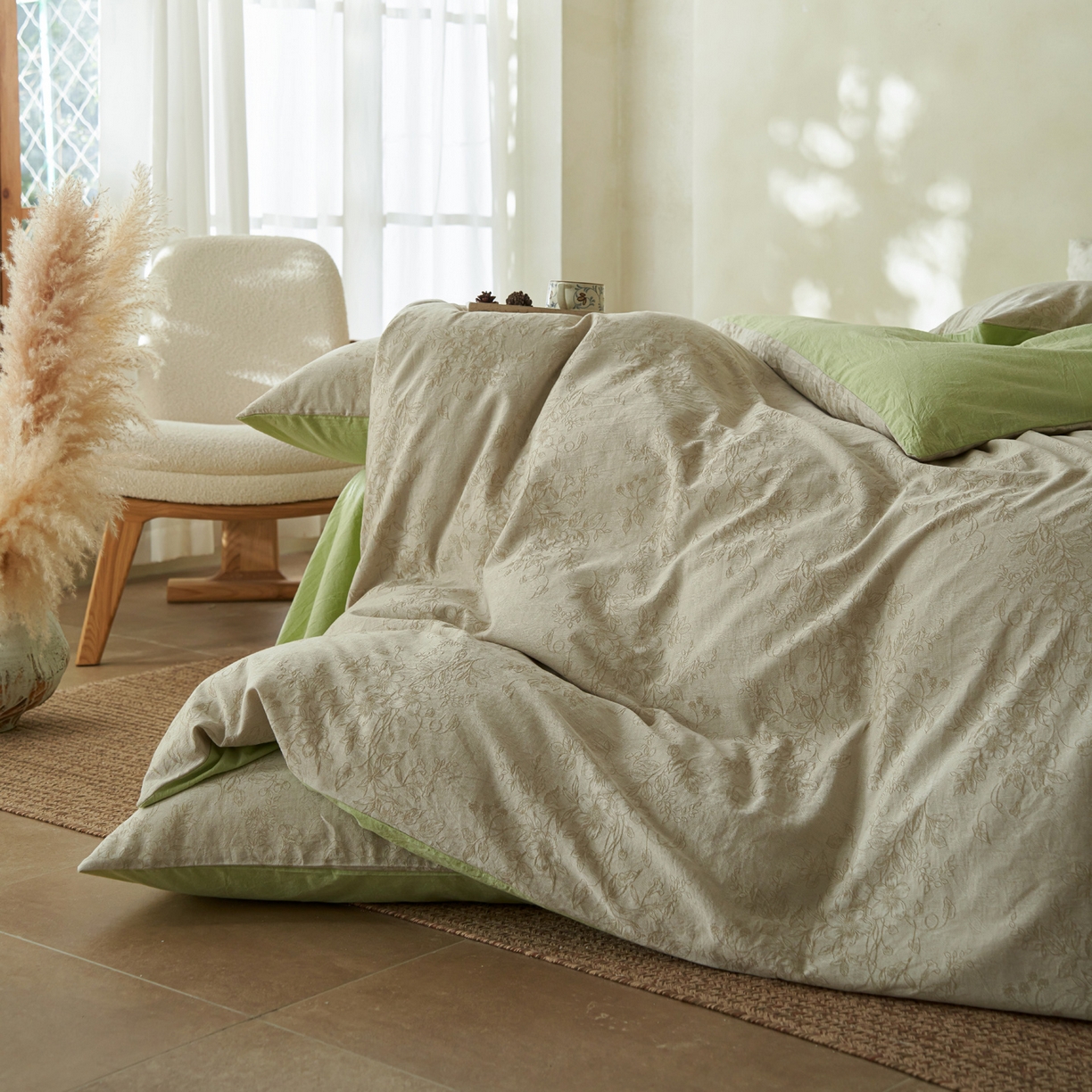 91家纺网 家纺一手货源 找家纺 如一 2026新款色织提花全棉水洗棉四件套第三批 花忆-绿