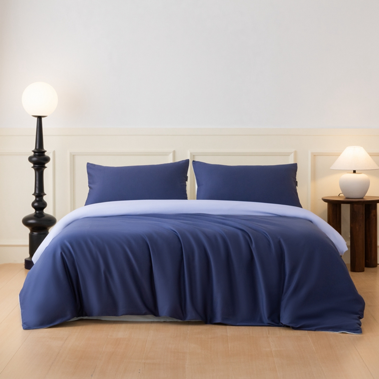 91家纺网 家纺一手货源 找家纺 秀色家纺 2026新款高端100pro新疆长绒棉床上四件套全棉纯棉四季纯色双拼高级感礼品团购四件套-米朵 米朵-深空蓝+远山蓝