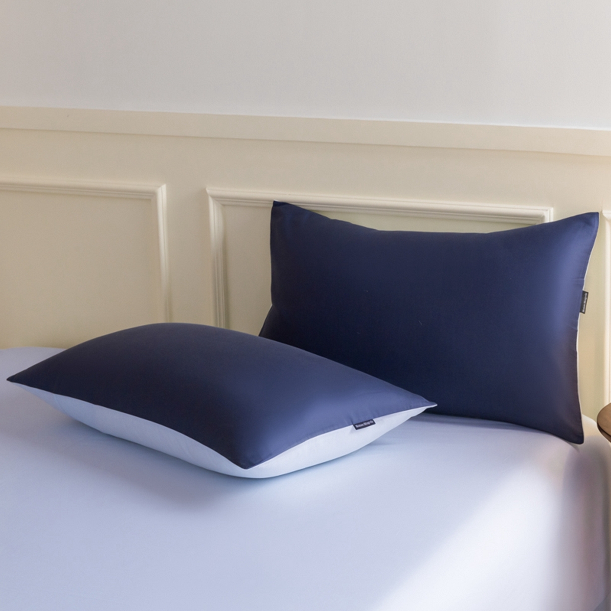 91家纺网 家纺一手货源 找家纺 秀色家纺 2026新款高端100pro新疆长绒棉床上四件套全棉纯棉四季纯色双拼高级感礼品团购四件套-米朵 米朵-深空蓝+远山蓝