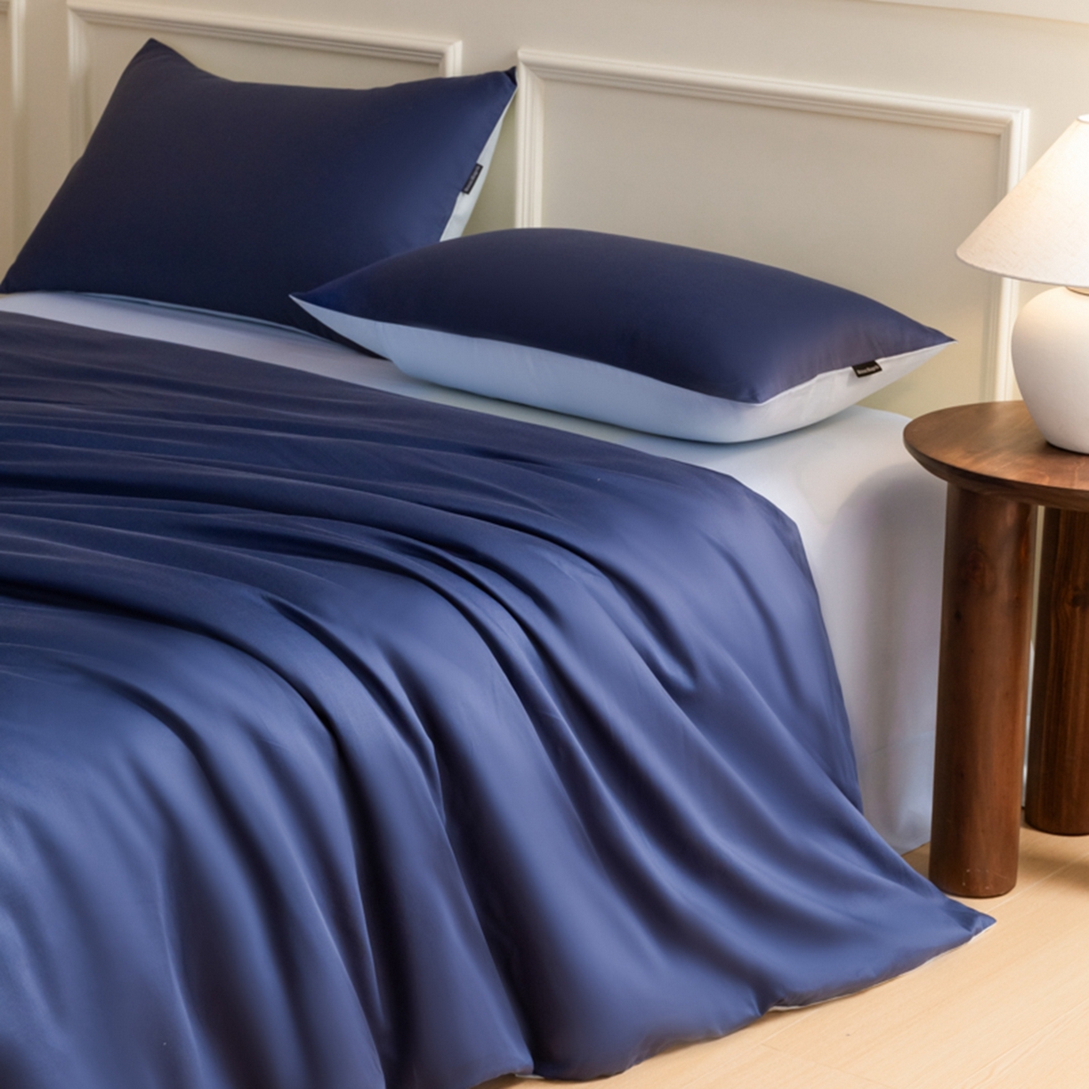 91家纺网 家纺一手货源 找家纺 秀色家纺 2026新款高端100pro新疆长绒棉床上四件套全棉纯棉四季纯色双拼高级感礼品团购四件套-米朵 米朵-深空蓝+远山蓝