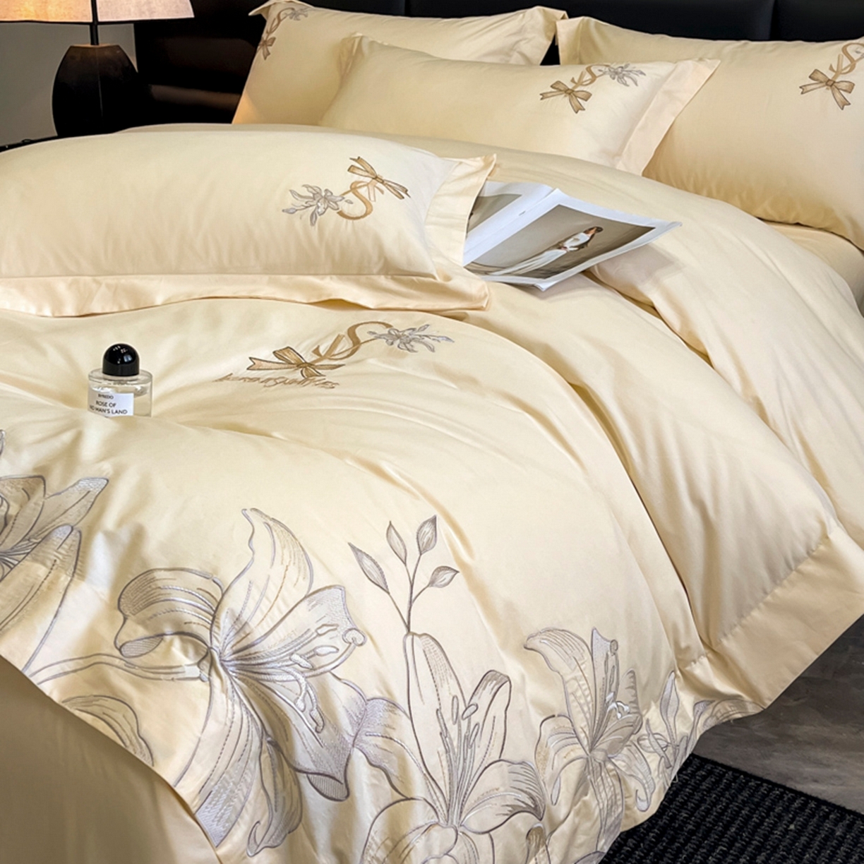 金牛座家纺 2026新款新疆长绒棉全棉纯棉刺绣四件套-百合系列 百合-奶昔白