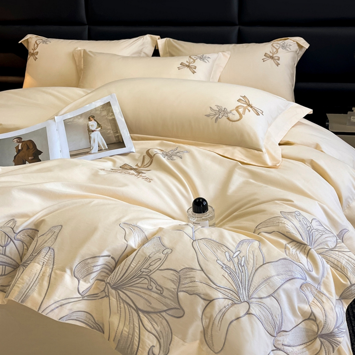 91家纺网 家纺一手货源 找家纺 金牛座家纺 2026新款新疆长绒棉全棉纯棉刺绣四件套-百合系列 百合-奶昔白