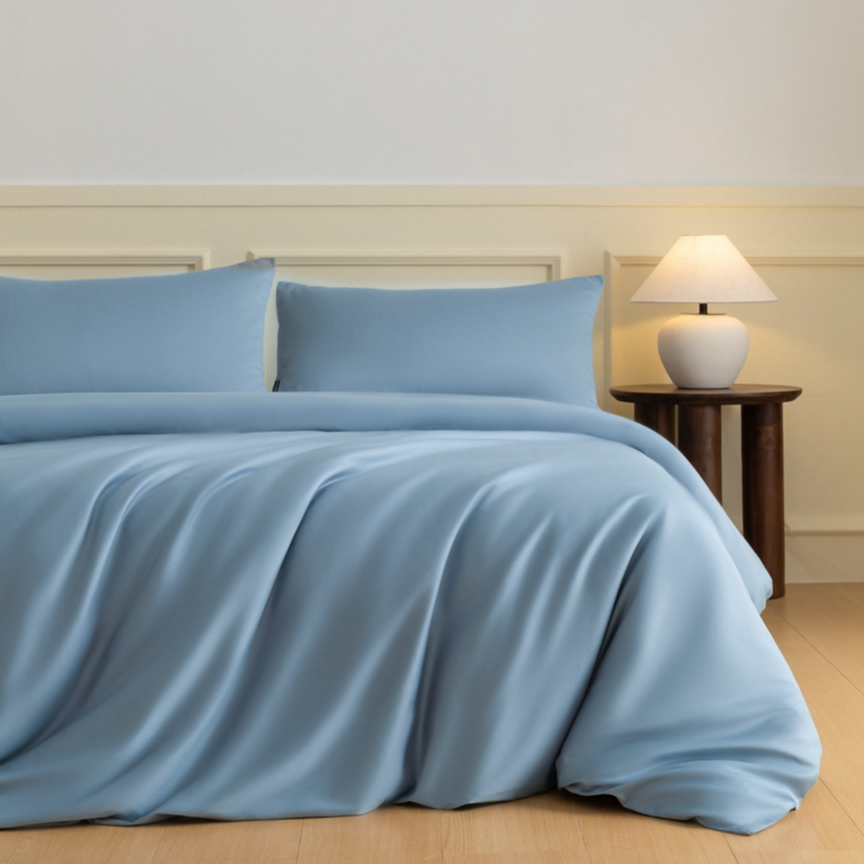 秀色家纺 2026新款高端100pro新疆长绒棉床上四件套全棉纯棉四季纯色双拼高级感礼品团购四件套-米朵 米朵-天空蓝