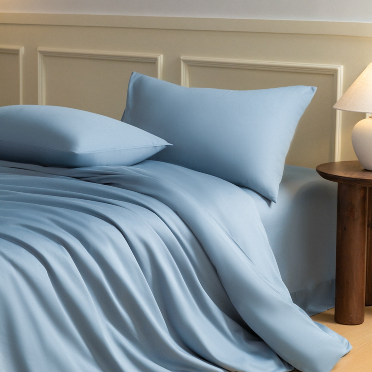 91家纺网 家纺一手货源 找家纺 秀色家纺 2026新款高端100pro新疆长绒棉床上四件套全棉纯棉四季纯色双拼高级感礼品团购四件套-米朵 米朵-天空蓝