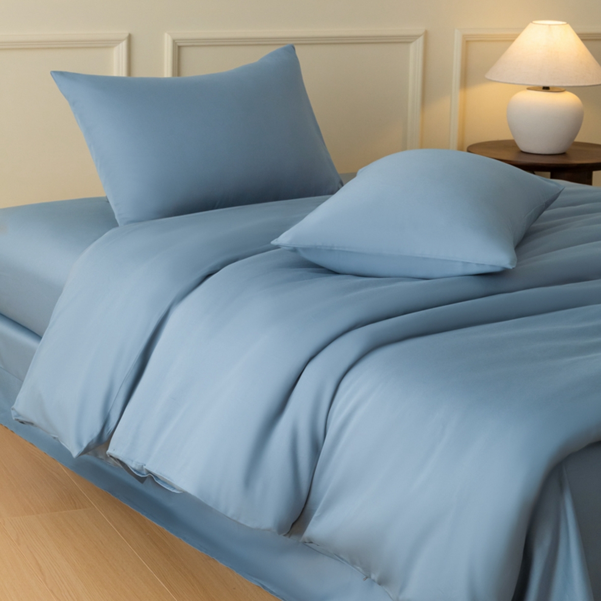 91家纺网 家纺一手货源 找家纺 秀色家纺 2026新款高端100pro新疆长绒棉床上四件套全棉纯棉四季纯色双拼高级感礼品团购四件套-米朵 米朵-天空蓝