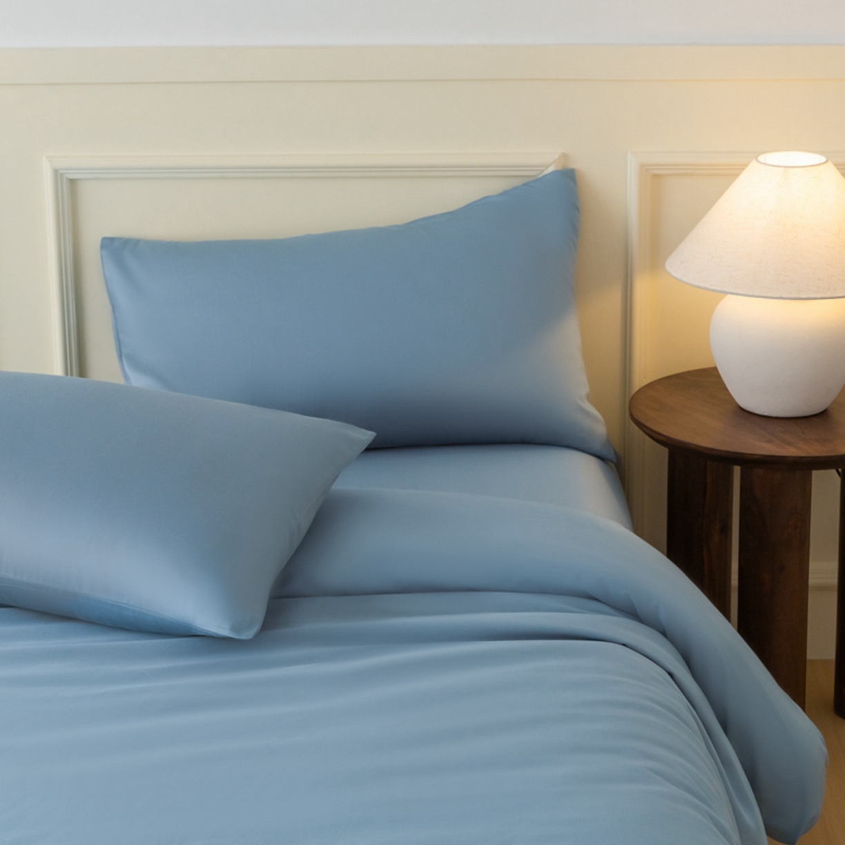 91家纺网 家纺一手货源 找家纺 秀色家纺 2026新款高端100pro新疆长绒棉床上四件套全棉纯棉四季纯色双拼高级感礼品团购四件套-米朵 米朵-天空蓝