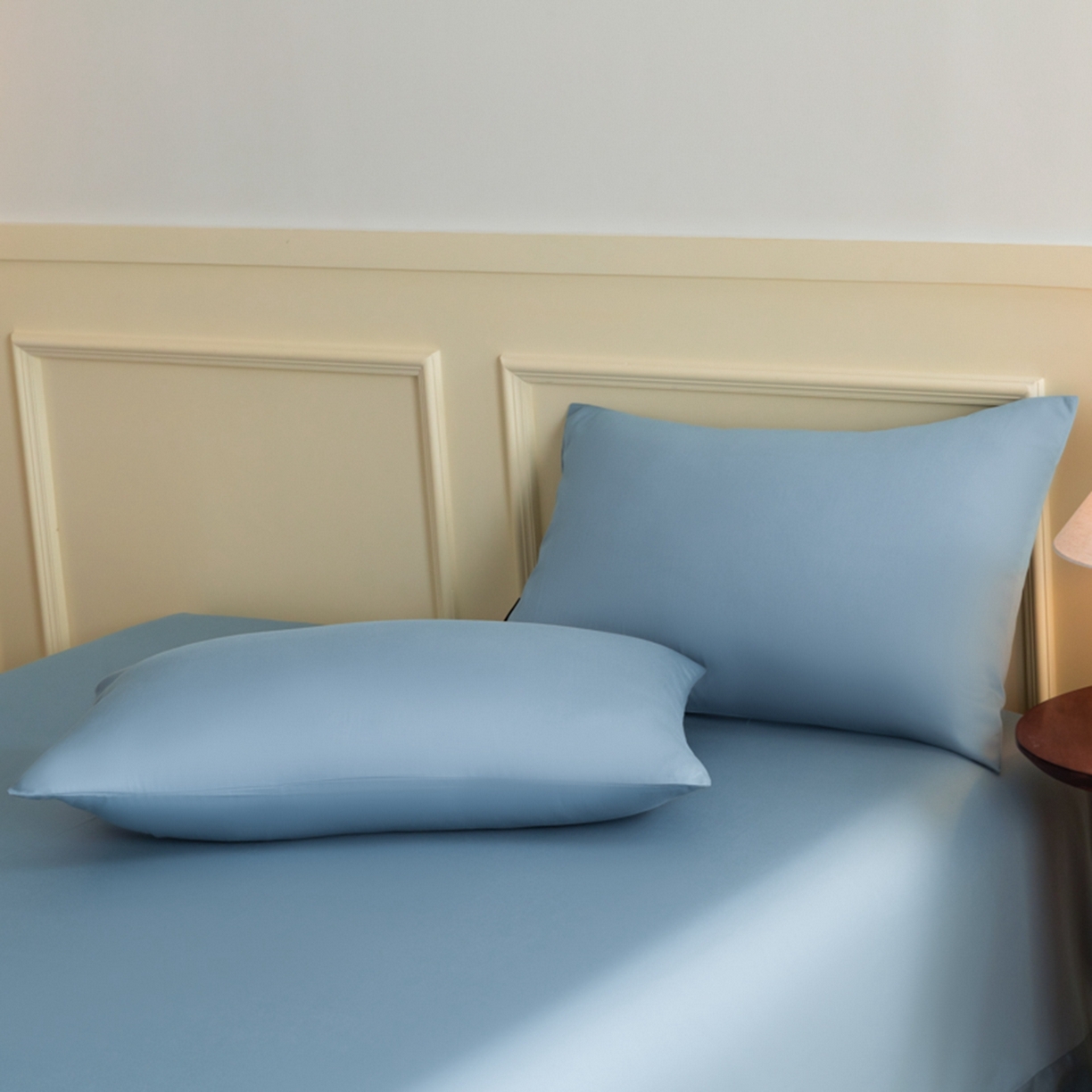 91家纺网 家纺一手货源 找家纺 秀色家纺 2026新款高端100pro新疆长绒棉床上四件套全棉纯棉四季纯色双拼高级感礼品团购四件套-米朵 米朵-天空蓝