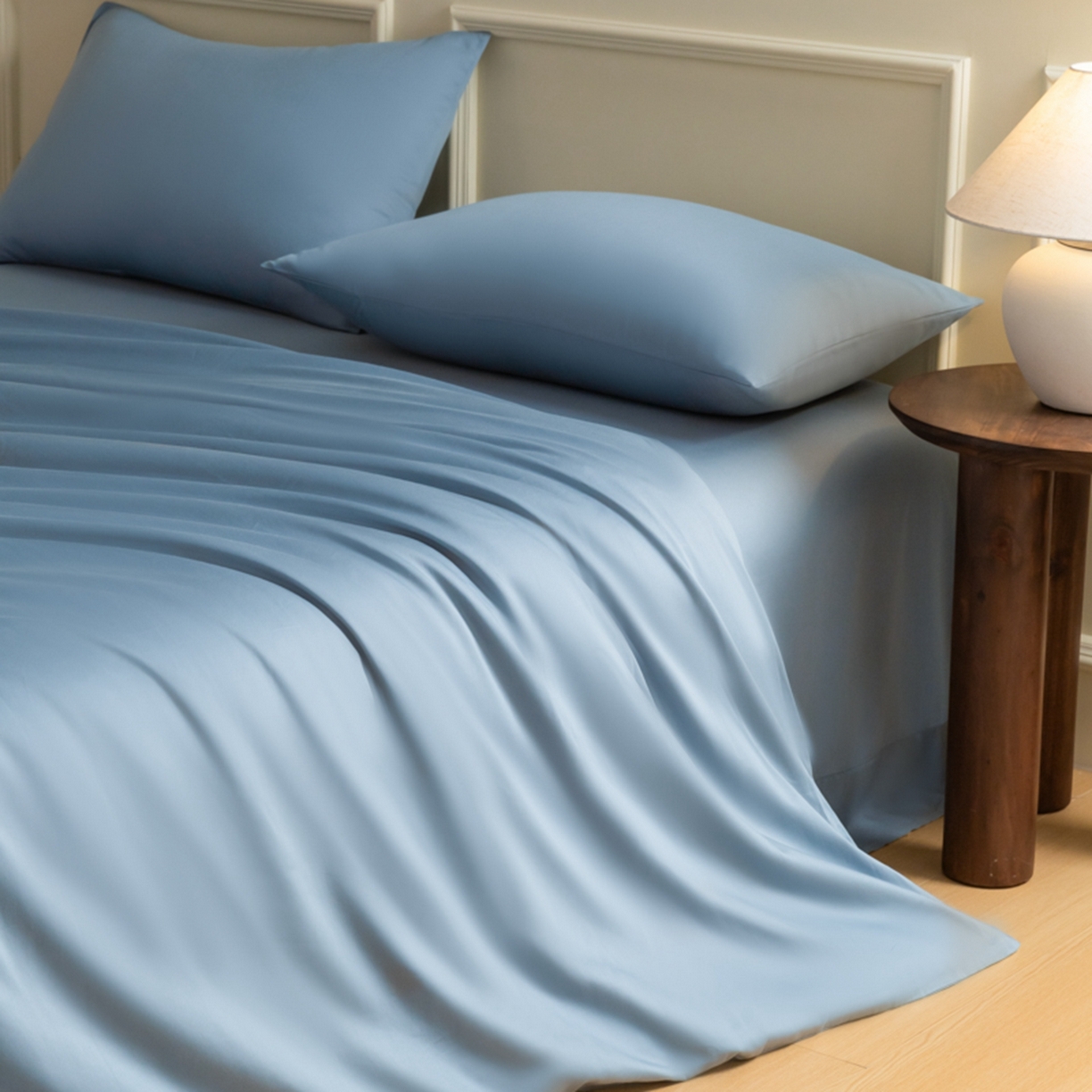 91家纺网 家纺一手货源 找家纺 秀色家纺 2026新款高端100pro新疆长绒棉床上四件套全棉纯棉四季纯色双拼高级感礼品团购四件套-米朵 米朵-天空蓝