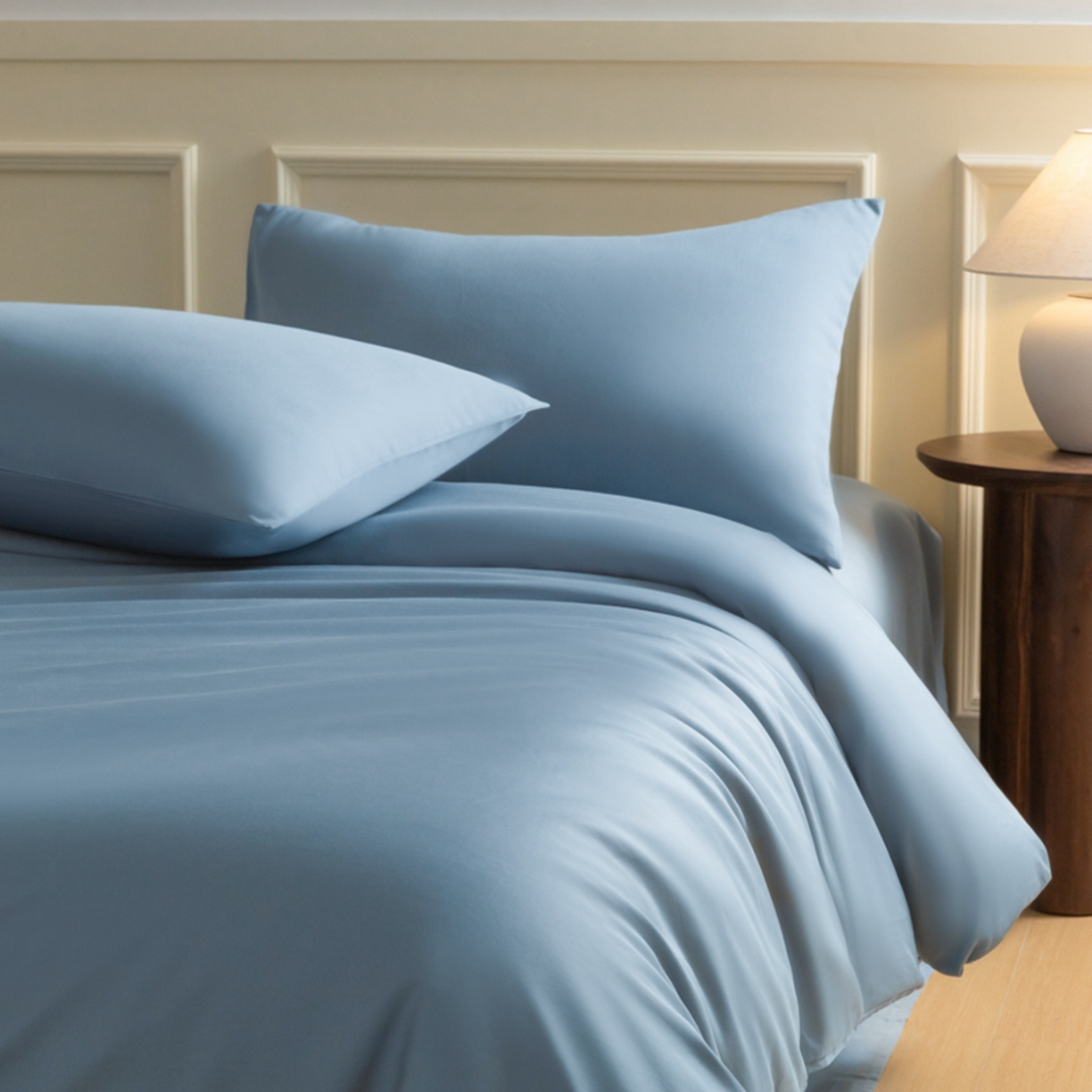 91家纺网 家纺一手货源 找家纺 秀色家纺 2026新款高端100pro新疆长绒棉床上四件套全棉纯棉四季纯色双拼高级感礼品团购四件套-米朵 米朵-天空蓝