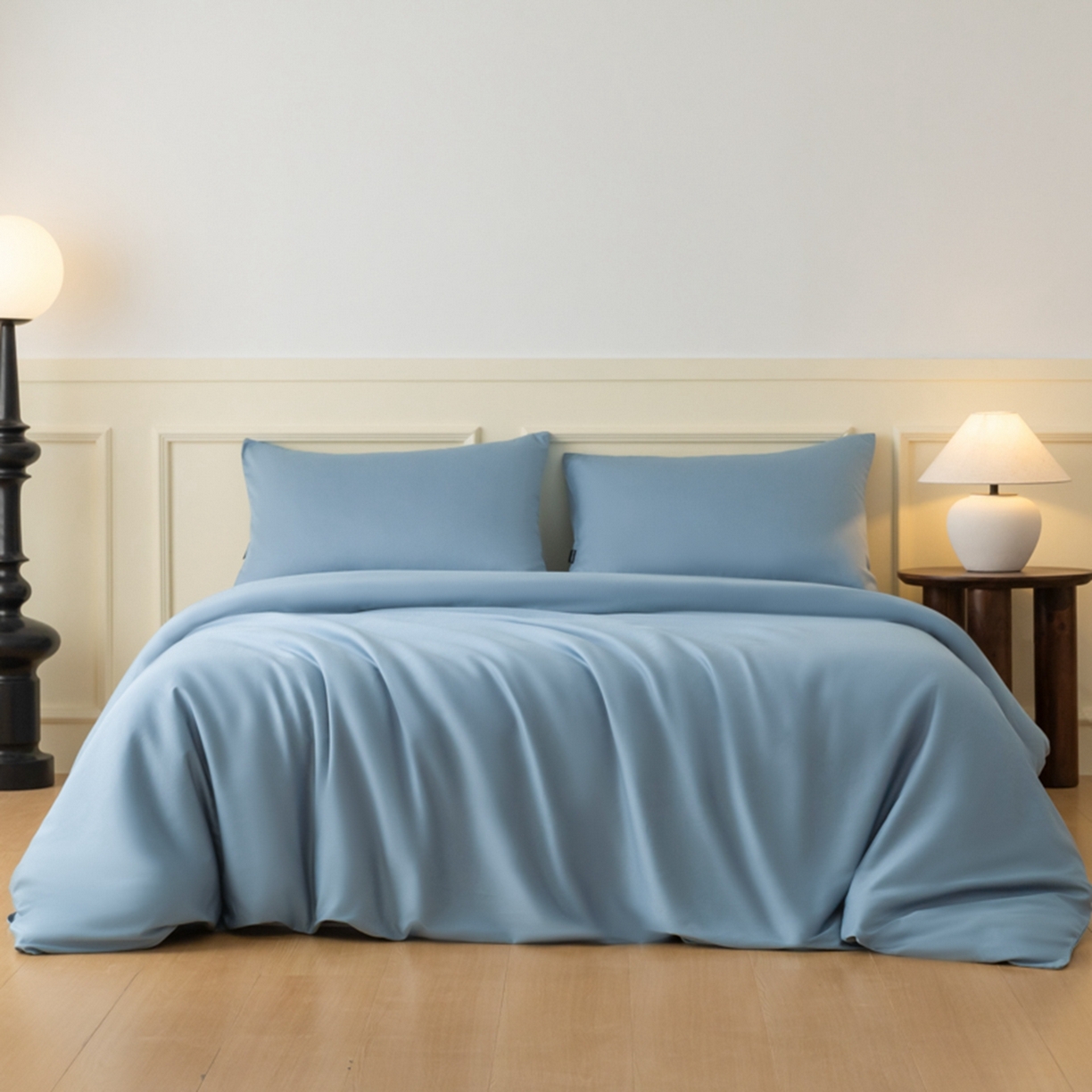 91家纺网 家纺一手货源 找家纺 秀色家纺 2026新款高端100pro新疆长绒棉床上四件套全棉纯棉四季纯色双拼高级感礼品团购四件套-米朵 米朵-天空蓝