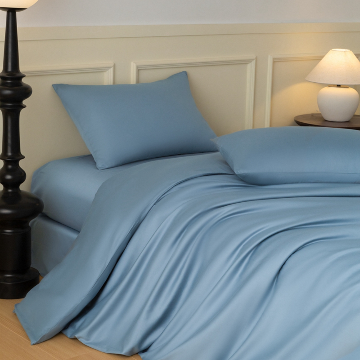 91家纺网 家纺一手货源 找家纺 秀色家纺 2026新款高端100pro新疆长绒棉床上四件套全棉纯棉四季纯色双拼高级感礼品团购四件套-米朵 米朵-天空蓝