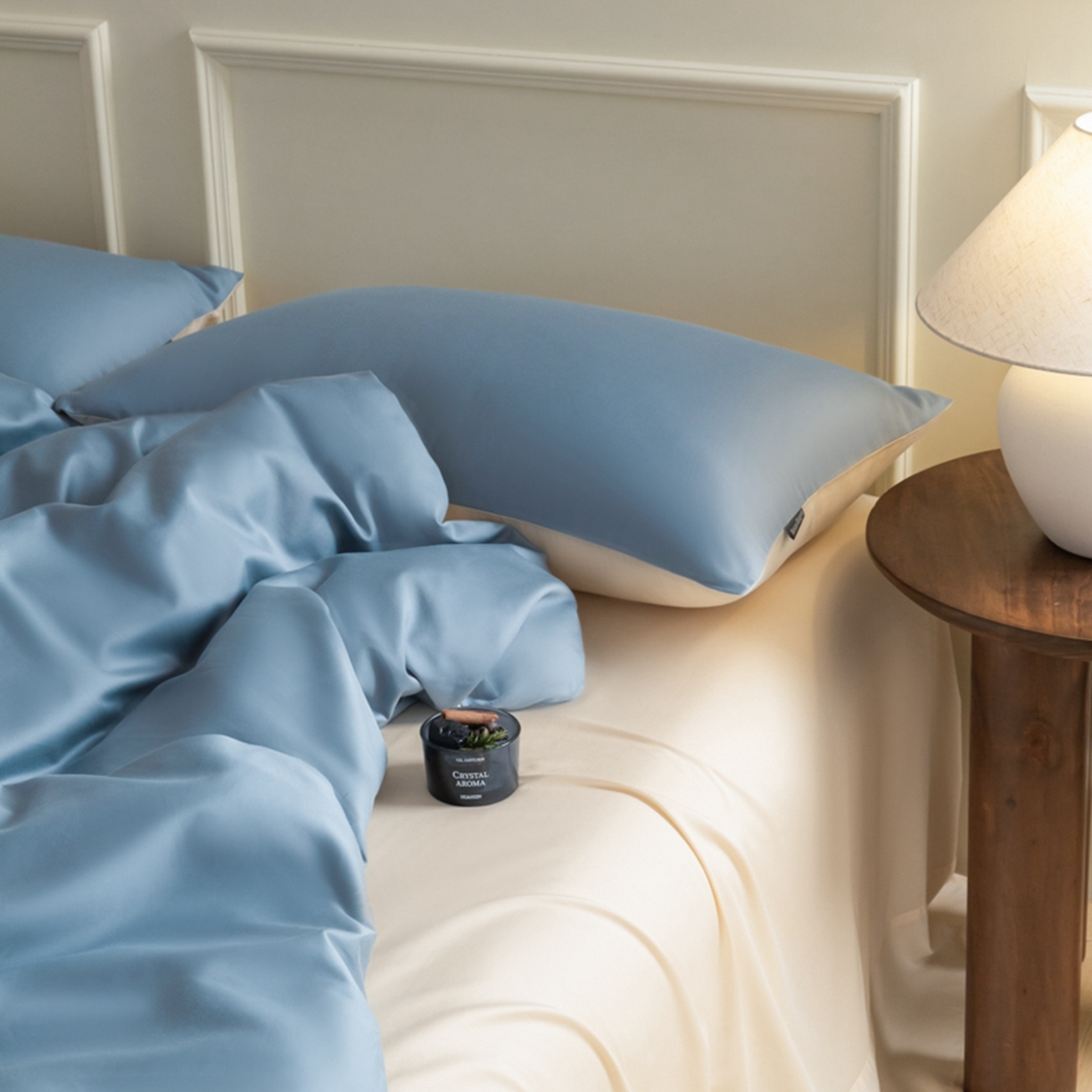 91家纺网 家纺一手货源 找家纺 秀色家纺 2026新款高端100pro新疆长绒棉床上四件套全棉纯棉四季纯色双拼高级感礼品团购四件套-米朵 米朵-天空蓝+奶昔白