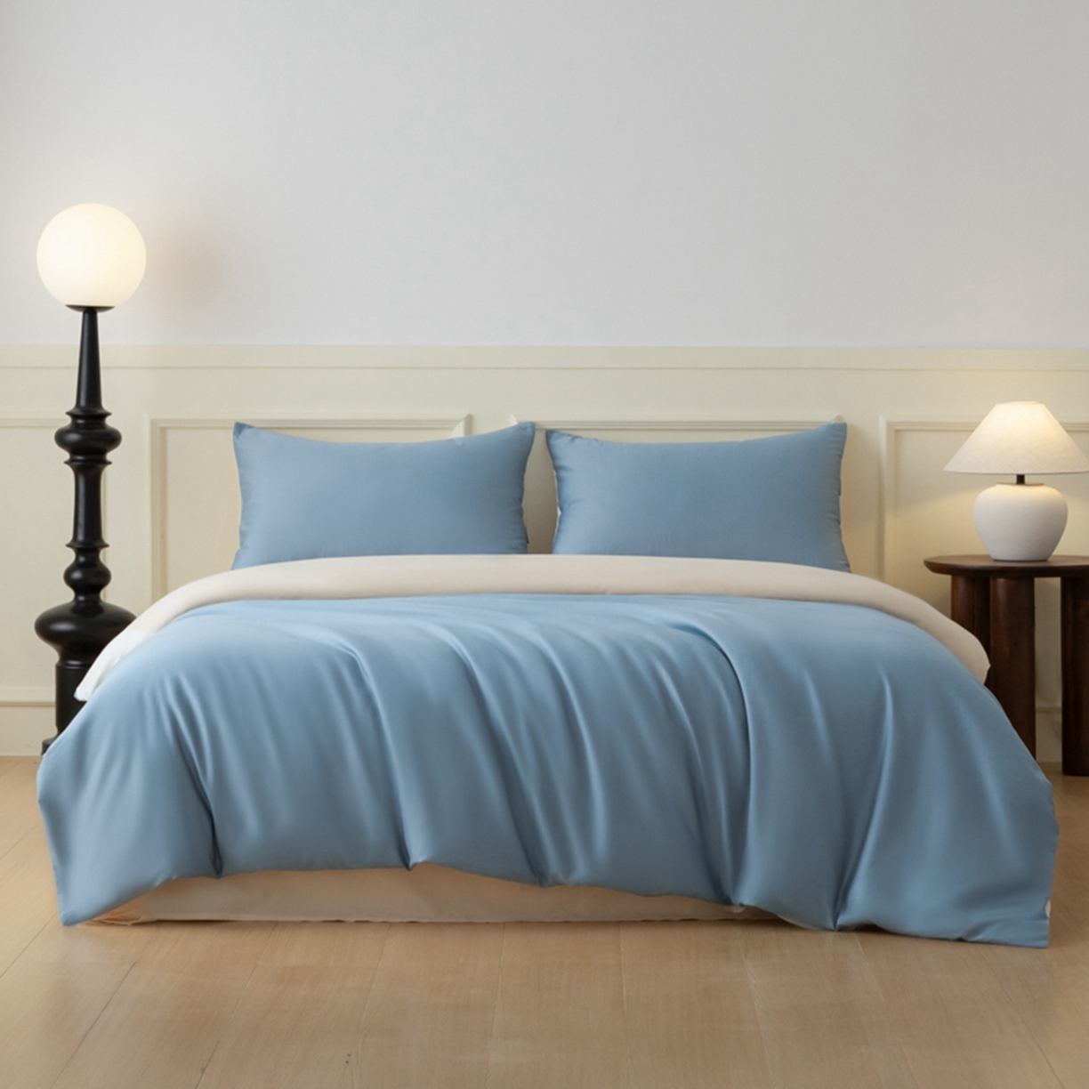 91家纺网 家纺一手货源 找家纺 秀色家纺 2026新款高端100pro新疆长绒棉床上四件套全棉纯棉四季纯色双拼高级感礼品团购四件套-米朵 米朵-天空蓝+奶昔白