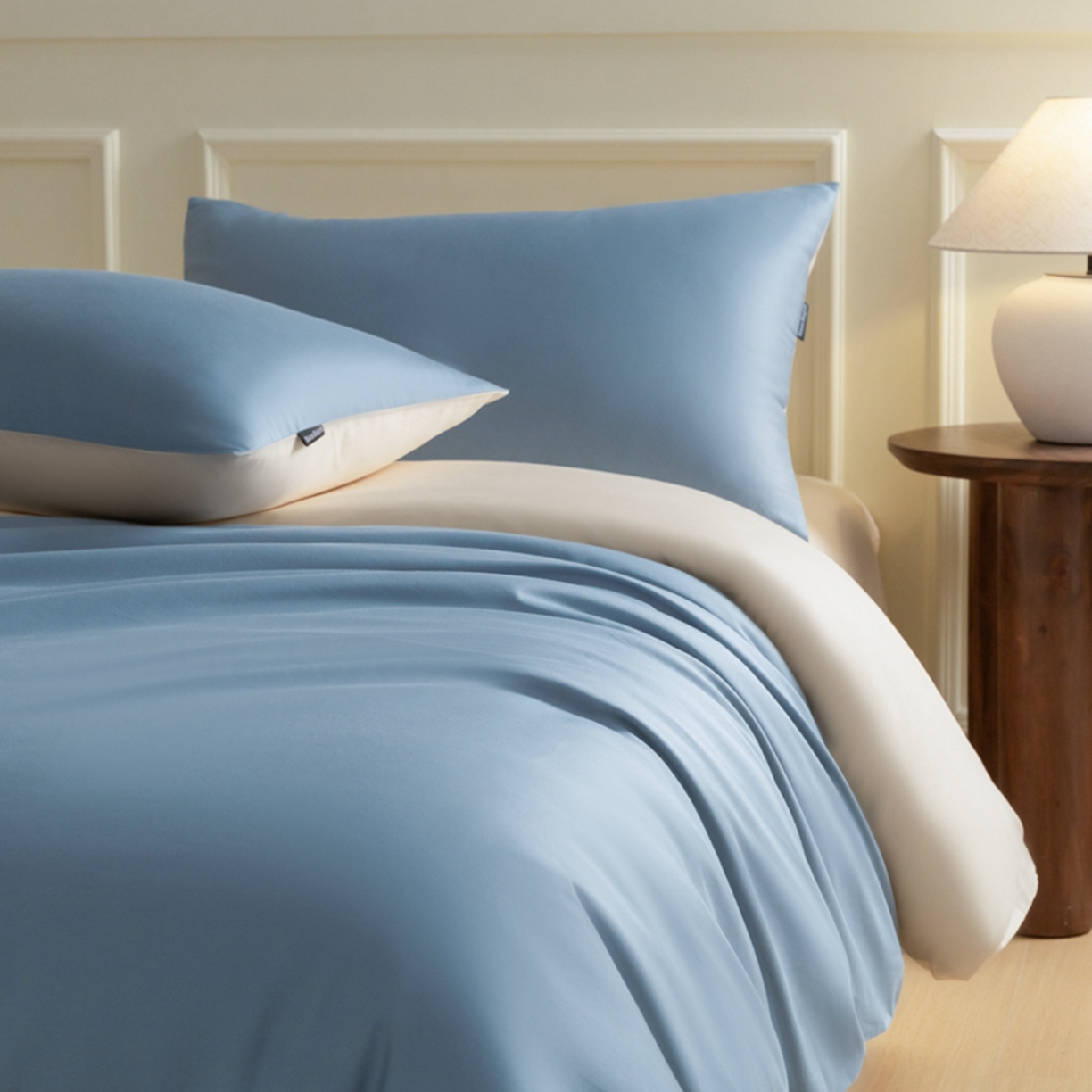 91家纺网 家纺一手货源 找家纺 秀色家纺 2026新款高端100pro新疆长绒棉床上四件套全棉纯棉四季纯色双拼高级感礼品团购四件套-米朵 米朵-天空蓝+奶昔白