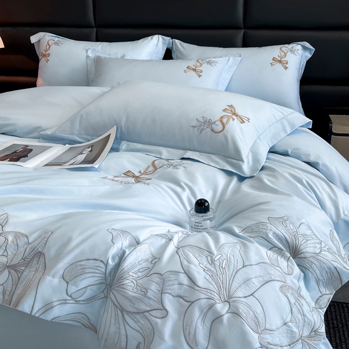 91家纺网 家纺一手货源 找家纺 金牛座家纺 2026新款新疆长绒棉全棉纯棉刺绣四件套-百合系列 百合-浅蓝