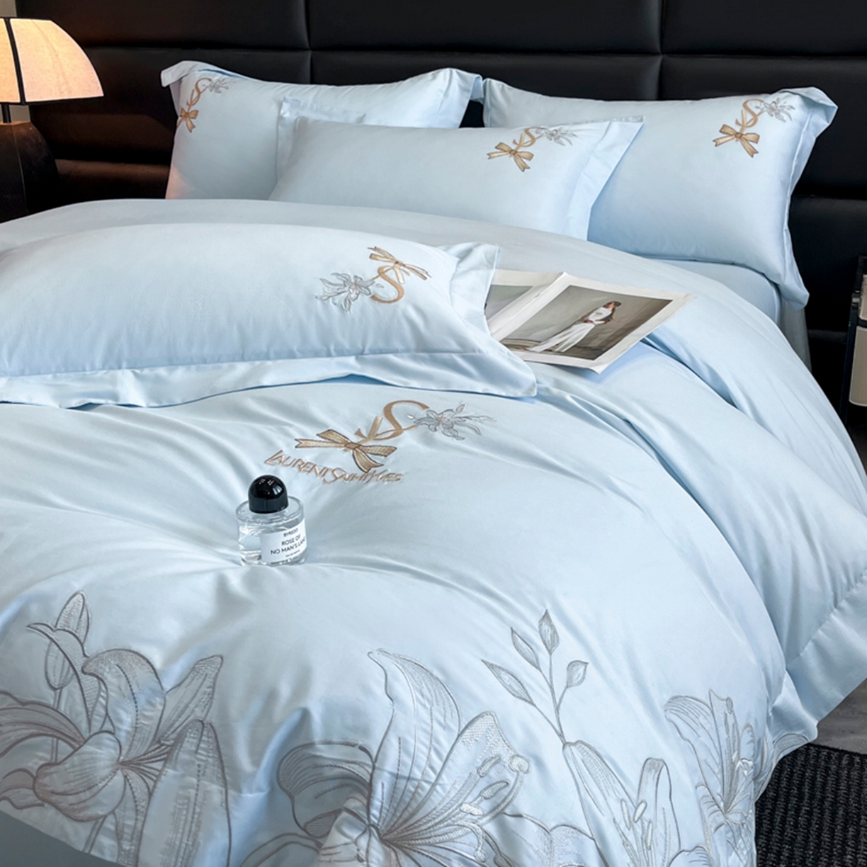 91家纺网 家纺一手货源 找家纺 金牛座家纺 2026新款新疆长绒棉全棉纯棉刺绣四件套-百合系列 百合-浅蓝