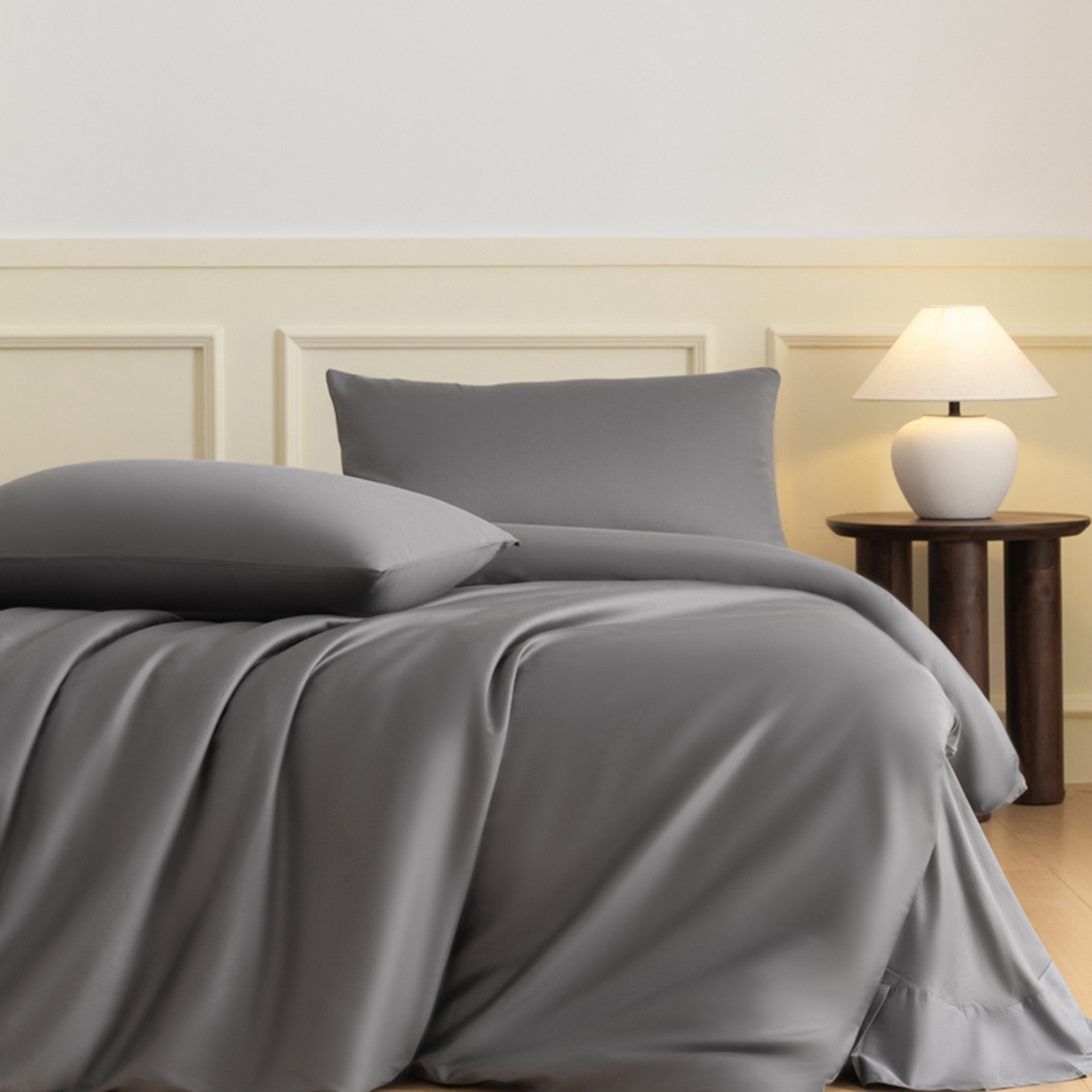 91家纺网 家纺一手货源 找家纺 秀色家纺 2026新款高端100pro新疆长绒棉床上四件套全棉纯棉四季纯色双拼高级感礼品团购四件套-米朵 米朵-雅士灰