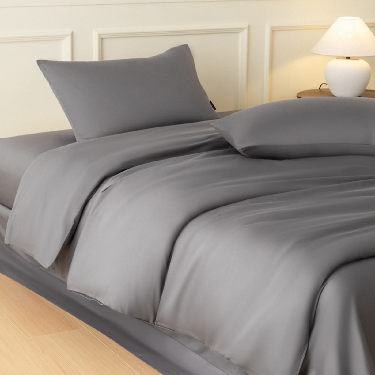 91家纺网 家纺一手货源 找家纺 秀色家纺 2026新款高端100pro新疆长绒棉床上四件套全棉纯棉四季纯色双拼高级感礼品团购四件套-米朵 米朵-雅士灰