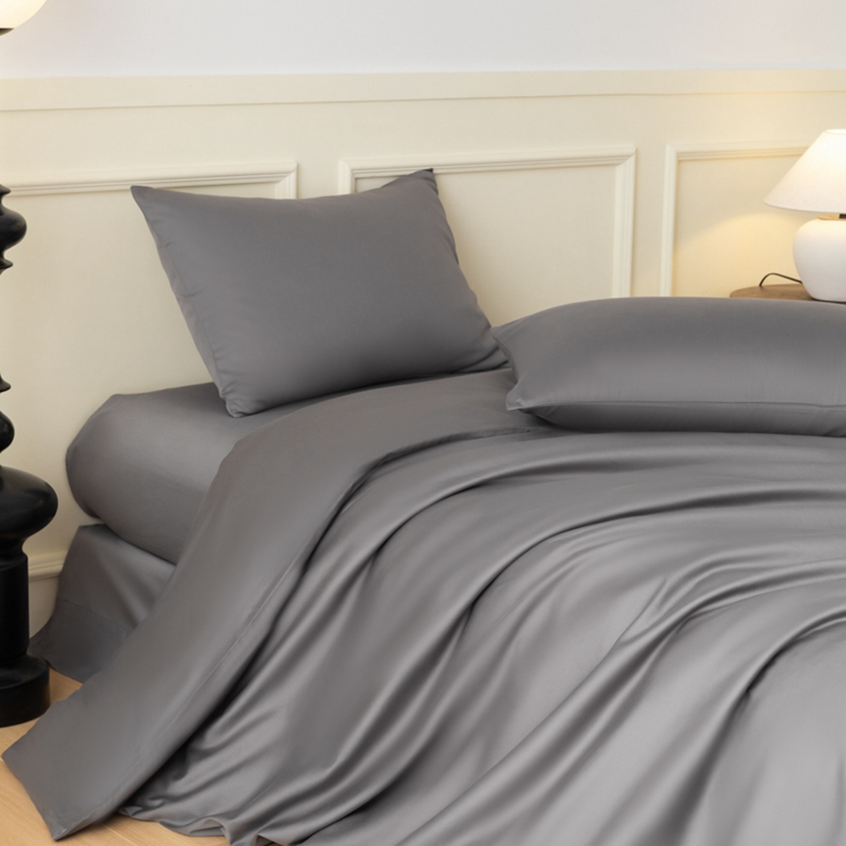 91家纺网 家纺一手货源 找家纺 秀色家纺 2026新款高端100pro新疆长绒棉床上四件套全棉纯棉四季纯色双拼高级感礼品团购四件套-米朵 米朵-雅士灰