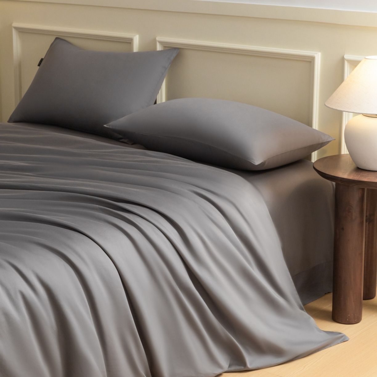 91家纺网 家纺一手货源 找家纺 秀色家纺 2026新款高端100pro新疆长绒棉床上四件套全棉纯棉四季纯色双拼高级感礼品团购四件套-米朵 米朵-雅士灰