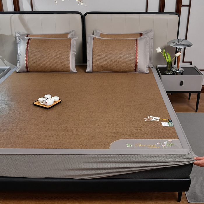 91家纺网 家纺一手货源 找家纺 小牛席业 2026新款加厚款-艾草清新养生席（床笠款） 加厚款-艾草清香养生（床笠款）-浅咖