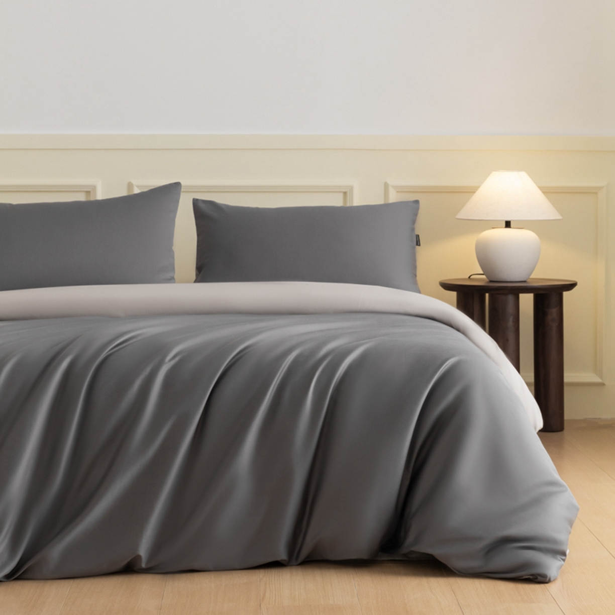 秀色家纺 2026新款高端100pro新疆长绒棉床上四件套全棉纯棉四季纯色双拼高级感礼品团购四件套-米朵 米朵-雅士灰+烟墨灰