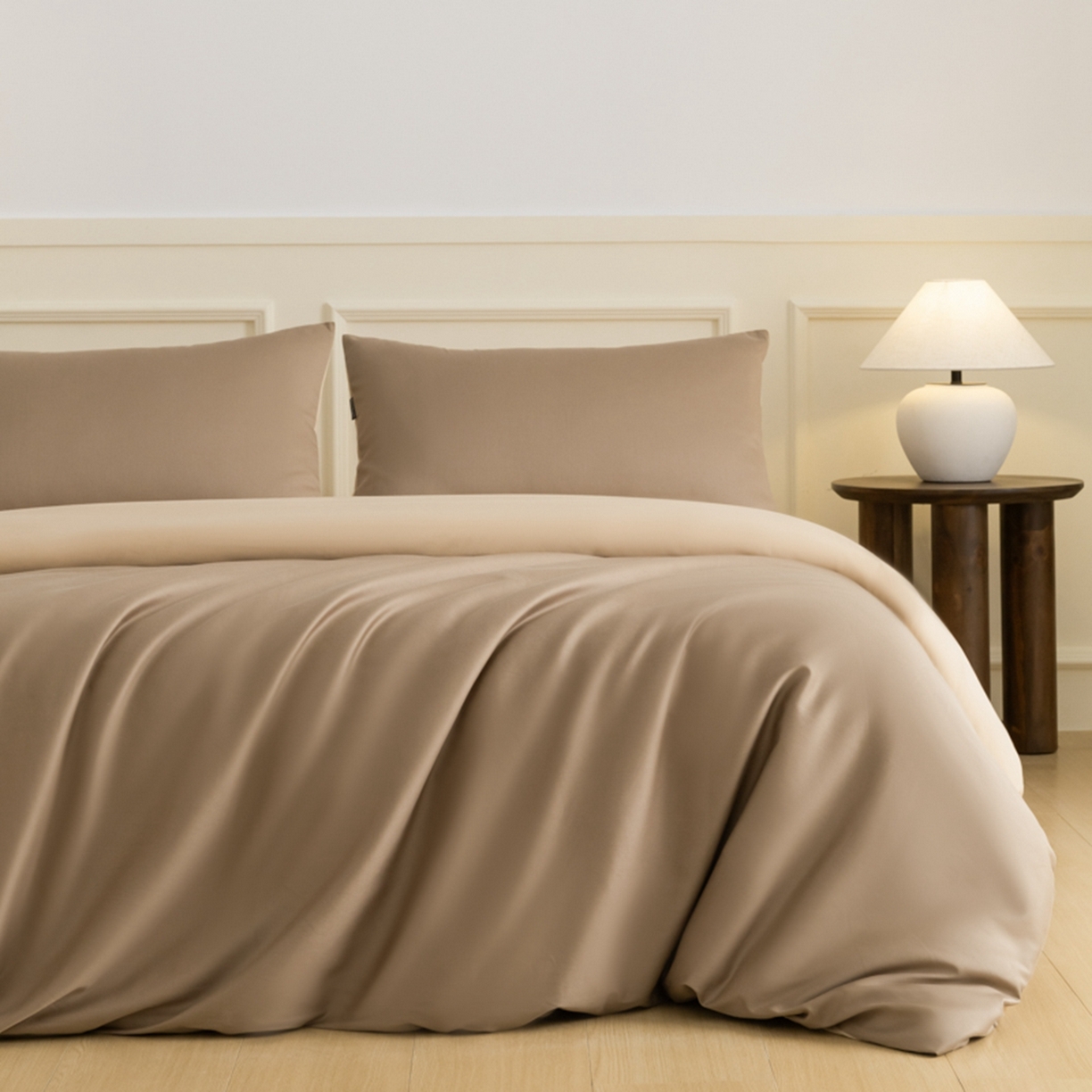 秀色家纺 2026新款高端100pro新疆长绒棉床上四件套全棉纯棉四季纯色双拼高级感礼品团购四件套-米朵 米朵-亚麻咖+香槟金