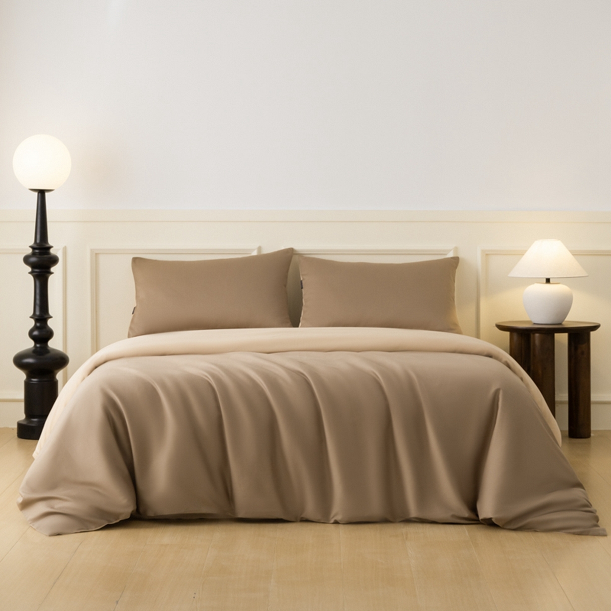 91家纺网 家纺一手货源 找家纺 秀色家纺 2026新款高端100pro新疆长绒棉床上四件套全棉纯棉四季纯色双拼高级感礼品团购四件套-米朵 米朵-亚麻咖+香槟金