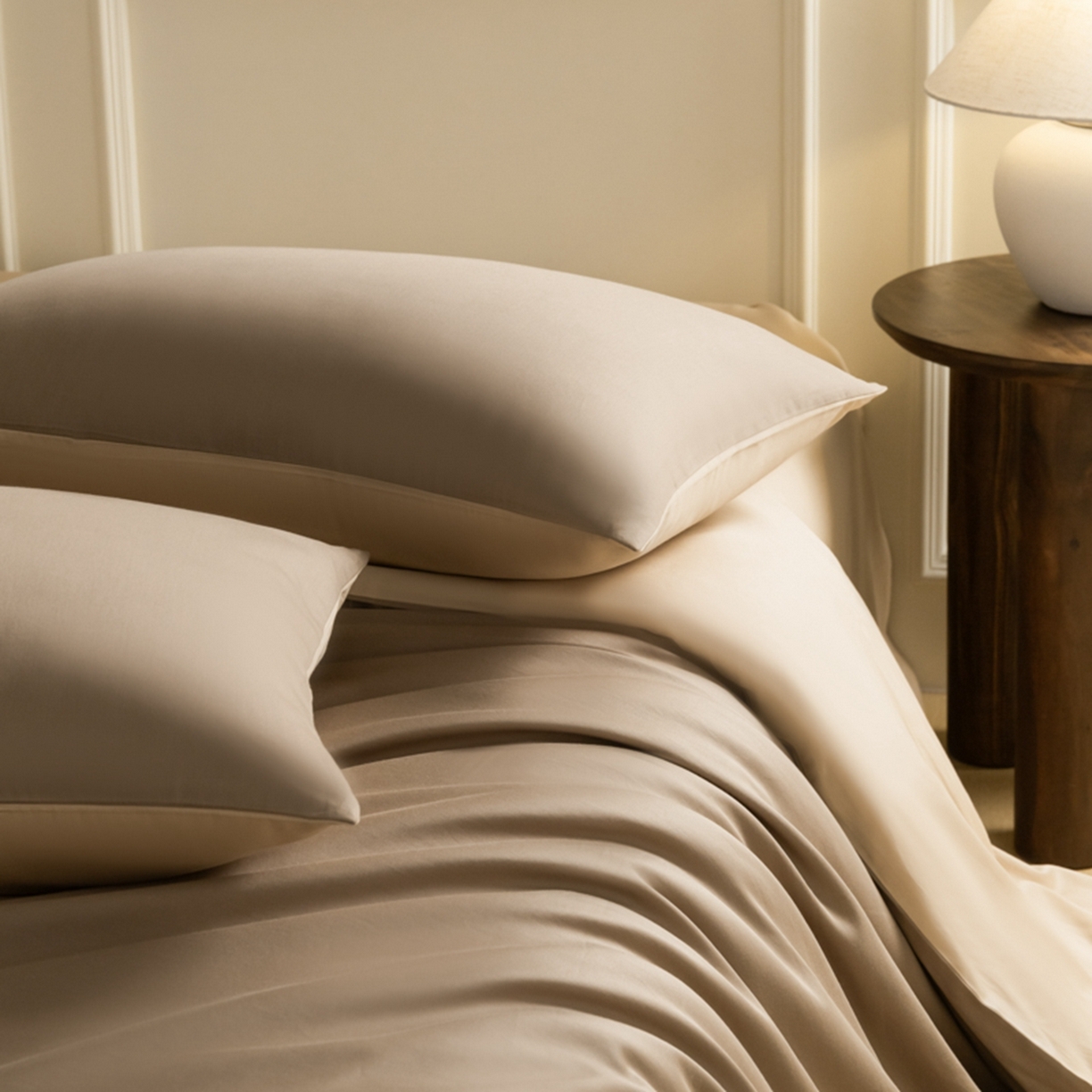 91家纺网 家纺一手货源 找家纺 秀色家纺 2026新款高端100pro新疆长绒棉床上四件套全棉纯棉四季纯色双拼高级感礼品团购四件套-米朵 米朵-亚麻咖+香槟金